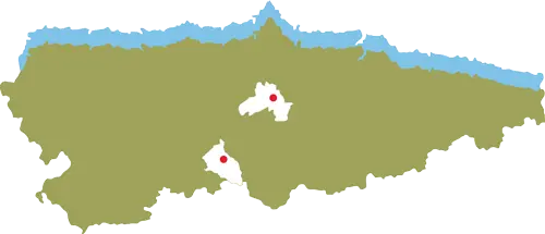 Mapa de Asturias con destaque visual de las áreas de Teverga y Oviedo.